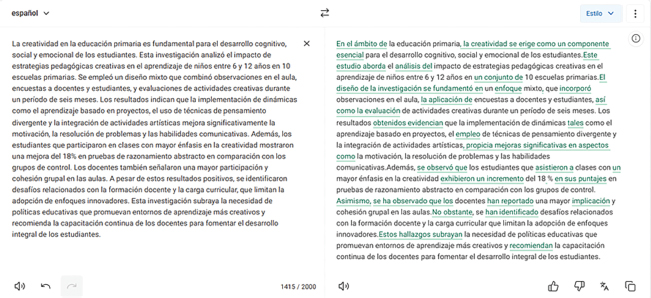 Figura 2. Ejemplo de cambios propuestos por la herramienta DeepL Write para los textos académicos. Se toma como referencia un texto generado por ChatGPT (ver Figura 1)