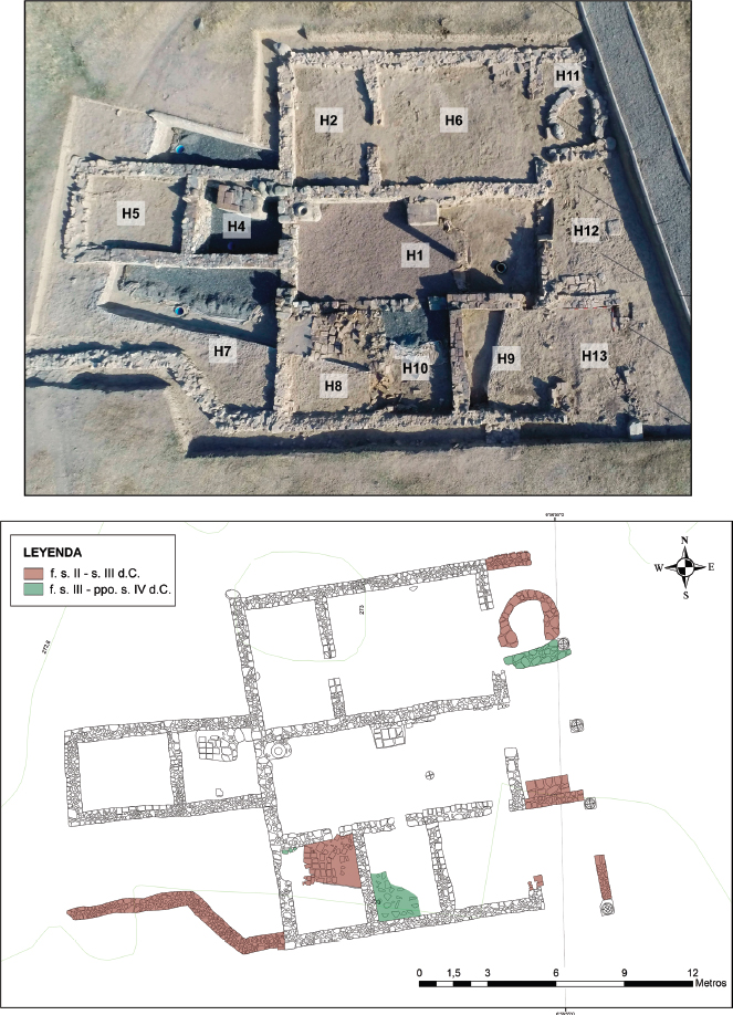 Figura 4. Vista aérea de la casa con indicación de sus estancias y plano con las estructuras relacionadas con fases tardías.