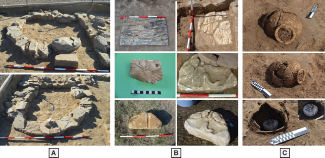 Figura 5. Establecimiento calero. A. Horno instalado en el espacio porticado de la vivienda; B. Conjunto de mármoles reaprovechados; C. Recipiente con restos de cal en su interior.