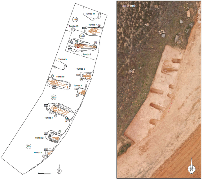 Figura 2. Planimetría y ortofoto del sector intervenido en la necrópolis de El Horcajo-La Solana.