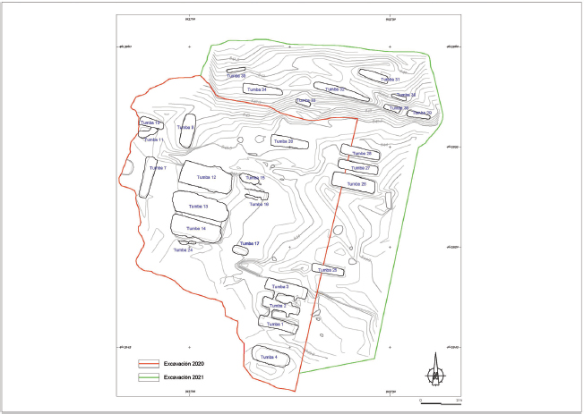 Figura 6. Detalle de las tumbas de la necrópolis de El Picacho (campañas 2020 y 2021) sobre plano topográfico de PGO Topografías.