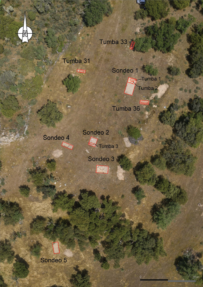 Figura 9. Planimetría de Teso Santo sobre fotografía aérea. Nota aclaratoria: la numeración de las tumbas 31, 33 y 36 alude al número asignado del hallazgo dado en la prospección previa a la excavación, no se corresponde con el número total de tumbas.