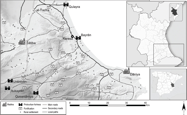 Figure 1. Context map of the farmstead of Xaresa (Xeresa, Valencia), within the territorial boundaries of the ḥiṣn Bayrān (dashed line) and in relation to the main nearby medinas and fortresses.