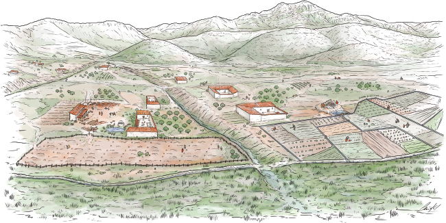 Figure 2. Illustrated virtual representation of the farmstead of Xaresa (Xeresa, Valencia) based on the results of archaeological interventions carried out (Iñaki Diéguez, Joan Negre).