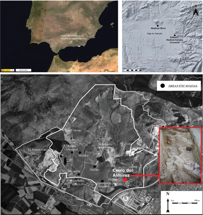 Figura 1. Localización del área de investigación del Cerro del Almirez en Medina Elvira, Granada. Elaboración propia a partir del IGN; García-Contreras et alii, 2022: 457, Figura 1; Malpica Cuello, 2016: 82, Figura 2.
