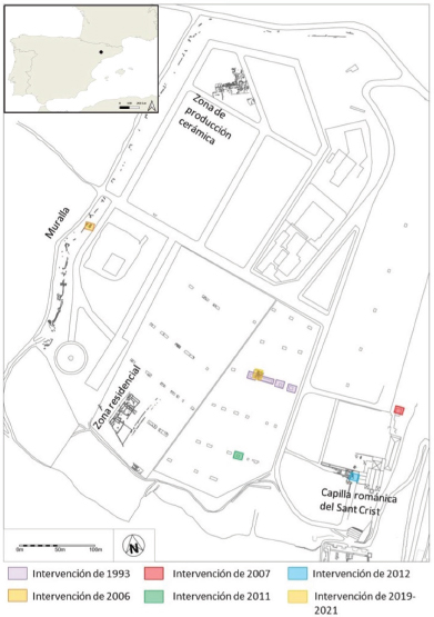 Localización de Balaguer respecto la península Ibérica (arriba izquierda) y plano detallado de la configuración del Pla d’Almatà. Modificado de Olivé-Busom (2024)