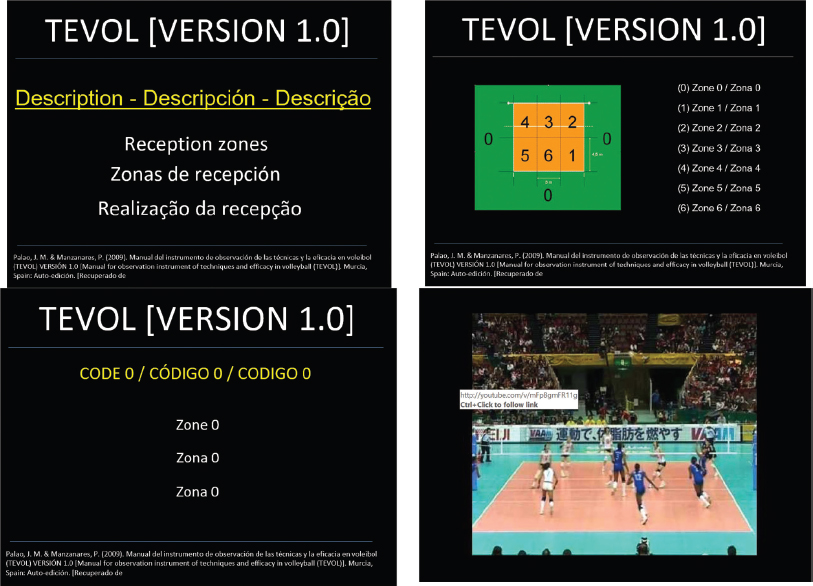 Figure 4. Example of slides and videos of the descriptive presentations of the training material for the TEVOL instrument. The presentation is written in English, Spanish, and Portuguese