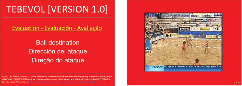Figure 5. Example of a control presentation of the training process of the TEBEVOL observation instrument. The presentation is written in English, Spanish, and Portuguese