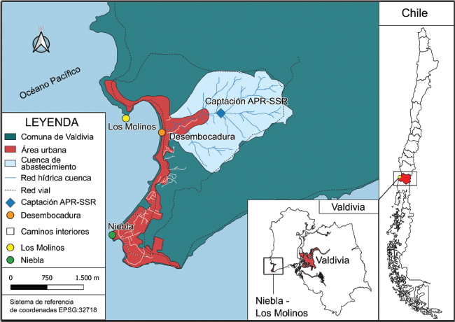Figura 2. Área de estudio y área urbana de Los Molinos, Comuna de Valdivia