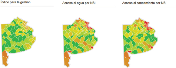 Figura 4. Índice para la Gestión, Indicadores de Acceso a Agua por NBI y Saneamiento por NBI en la provincia de Buenos Aires