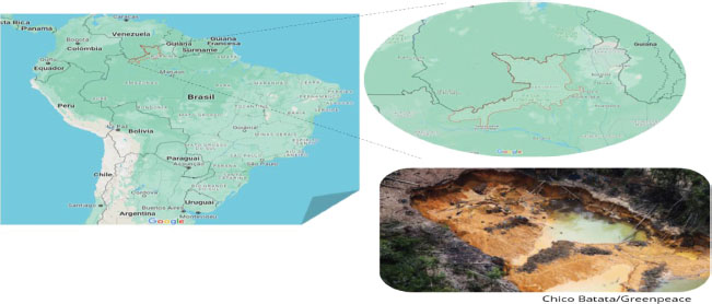 Figura 1. Localização do Território Indígena Yanomami. No detalhe, imagem dos danos resultantes de garimpo ilegal