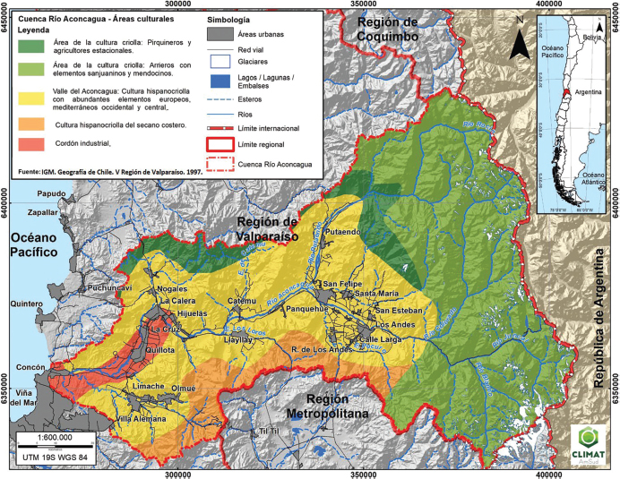 Figura 7. Cartografía temática de áreas culturales de la cuenca del río Aconcagua, en que se localizan las ciudades de San Felipe y Los Andes, Región de Valparaíso