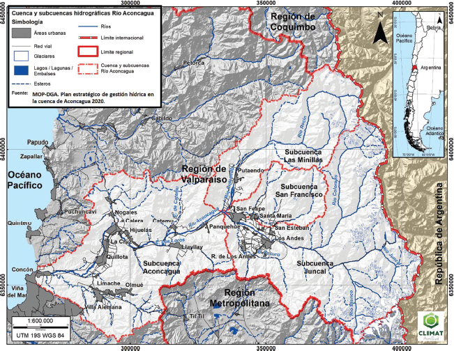 Figura 1. Mapa de emplazamiento de las ciudades de San Felipe y Los Andes en la cuenca del río Aconcagua, Región de Valparaíso