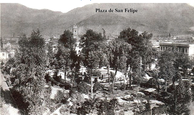 Figura 15. Antigua vista panorámica de la plaza de Armas de la ciudad de San Felipe, en la cual este enclave cordillerano es un oasis en medio de limitado paisaje montañoso