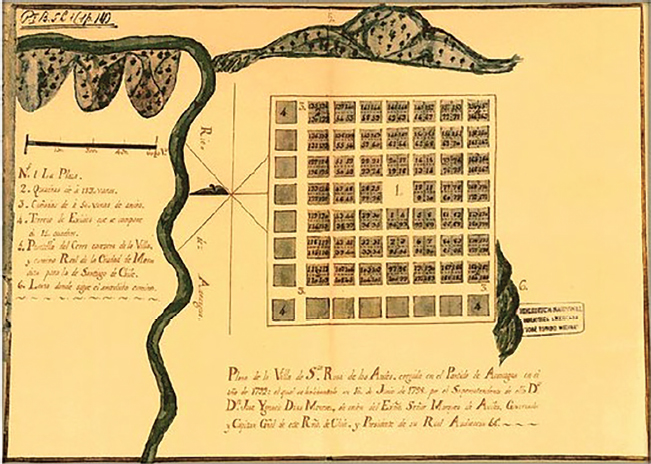 Figura 4. Plano fundacional de la ciudad de Los Andes, que muestra el patrón de damero de las ciudades coloniales, a las que se adaptaba el respectivo sistema de acequia