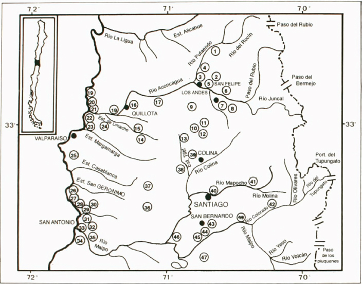 Figura 2. Mapa de ubicación de los sitios arqueológicos de la Cultura Aconcagua, Región de Valparaíso