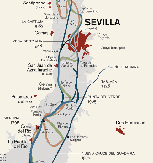 Figura 2. Tramo del río Guadalquivir en torno a la población de Gelves, con las modificaciones de los cauces fluviales del río mencionado y del Guadaira