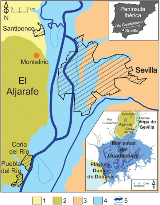 Figura 3. Marco geográfico y principales unidades litológicas del bajo Guadalquivir en el tramo Santiponce-Puebla del Río12