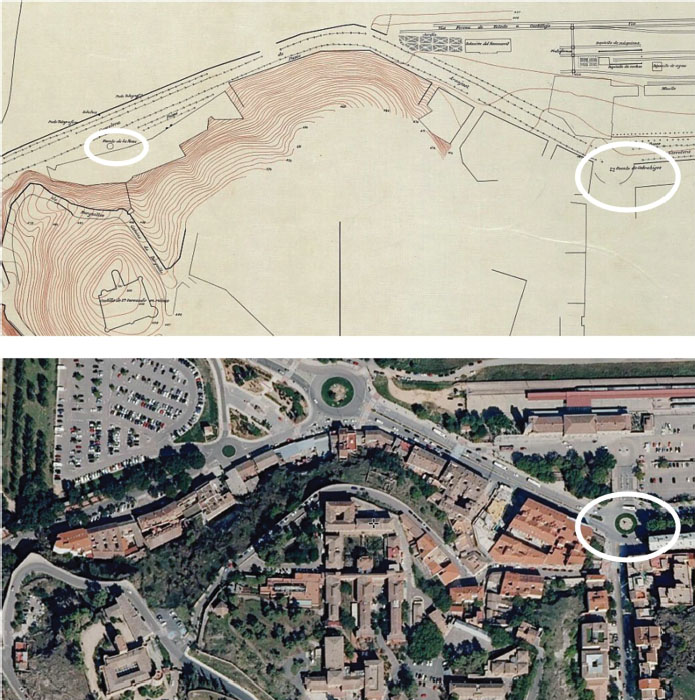 Figura 1. La Fuente de Cabrahígos (dcha.) y la Fuente del Burlador en el Paseo de la Rosa. A la derecha se aprecia la zona barrancosa, hoy calle de Cabrahígos, donde estaba la primera.