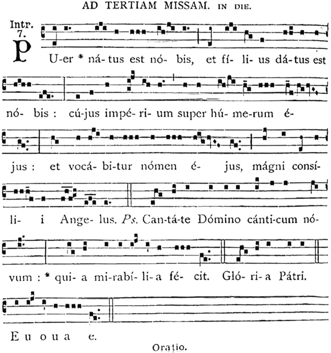 Imagen 1. Partitura de «Puer natus est nobis», en Liber Usualis (Sedis Apostolicae et Sacrorum Rituum Congregationis, 1941:408).
