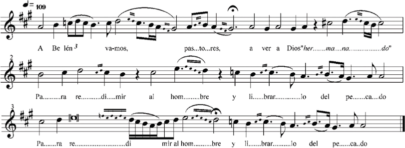 Imagen 4. Partitura de «A Belén vamos pastores» (Barrios, 2009: 174).