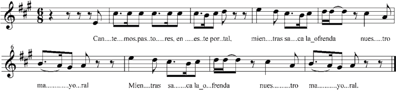 Imagen 5. Partitura de «Cantemos pastores» (Barrios, 2009: 175).
