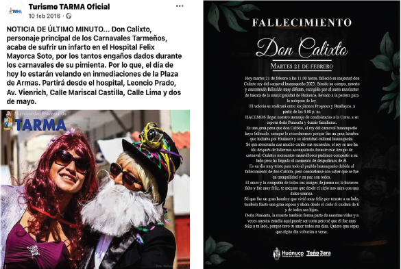 Imagen 15. Anuncios en redes sociales sobre la muerte de Don Calixto en Tarma, 2016 y Huánuco, 2023.