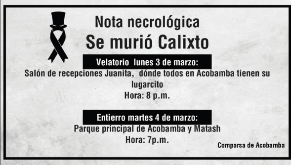 Imagen 14. Nota Necrológica de la muerte de Don Calixto, Acobamba, 2025.