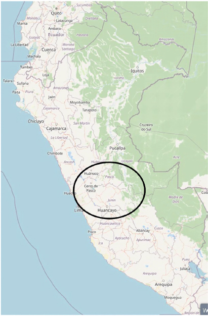 Imagen 1. Mapa político del Perú. Enfoque en la sierra central.