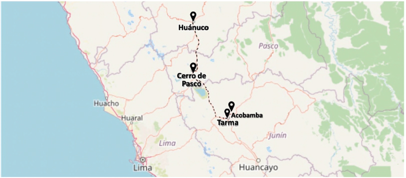 Imagen 2. Zonas geográficas de la sierra central del Perú donde se han ubicado impresos populares en contextos de carnaval.
