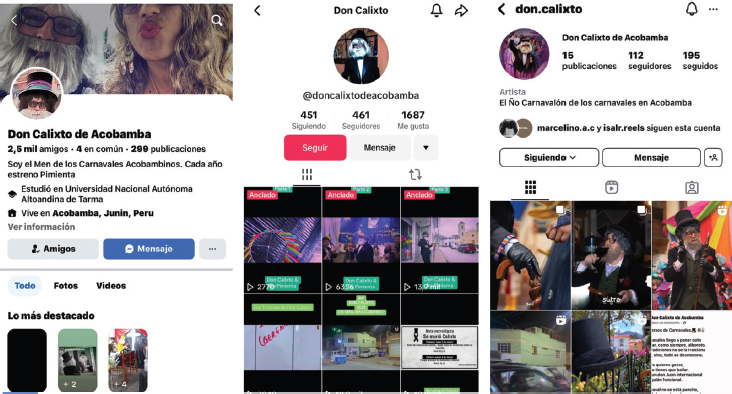 Imagen 16. Perfiles de Don Calixto de Acobamba en Facebook, TikTok e Instagram.